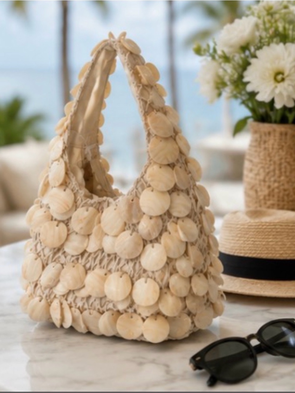 From India To You | Natural Shell Top Handle Boho Coastal Resort Vacation Purse